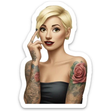 Blonde elegant women, her Body Covered with Tattoos, POINTING YOU with her HAND , Hyper realistic sticker
