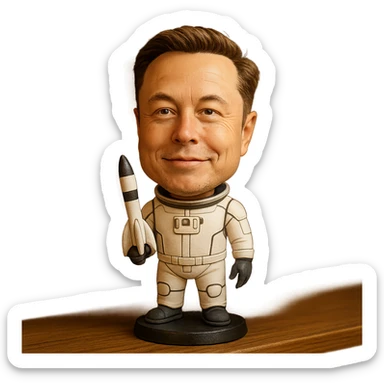 bobblehead of Elon Musk in a space suit holding a small rocket sticker