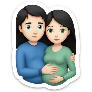 Make a couple hugging the girl is white with long black hair with blue eyes. The girl is hugging a boy with light brown short hair with green eyes. The boz is pregnant  sticker