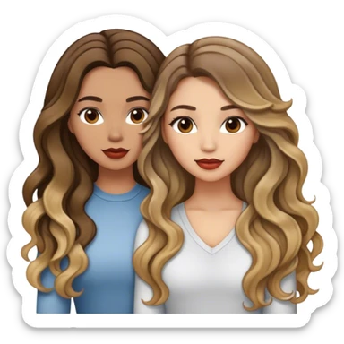 Chica blanca, cabello largo con ondas y balayage, con niña  sticker