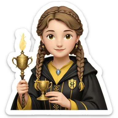 Helga Hufflepuff,the Hogwarts founder of Hufflepuff,brown-haired,2braids,yellow-black medieval dress with black cloak decorated with gold braiding,flickering magic wand and tiny two-handled shiny gold cup engraved with the badger silhouette,very kind smile,curvy busty sweet sticker