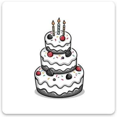 Decorated cake with multiple layers, frosting, and decorative elements. Using specific pastel colors (dd9fb0, ffc6d3, a3bfc9, c4bee2, f1b091). Hand-drawn doodle style with intricate details of icing, sprinkles, and possibly candles or berries. Transparent background. sticker