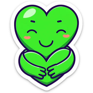 green face emoticon with closed eyes hugging a green heart, expressing care and support sticker