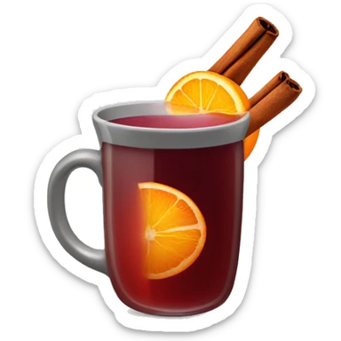 A Christmas mug of hot mulled wine, steaming with a cinnamon outside and an orange slice next to it sticker