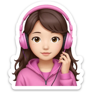 a asian japanese girl with wavy long silky brown hair and no bangs. she has a cute pink gaming headphones. she is wearing a cute pink sweater  sticker