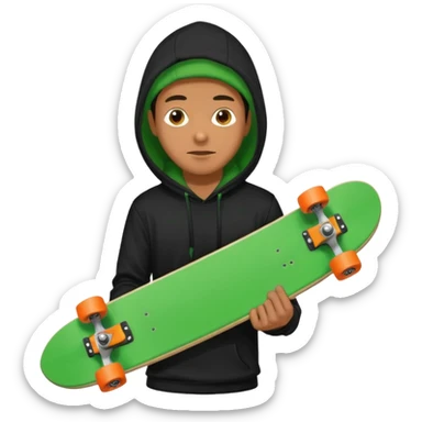 Un hombre sorteando con camisa negra y tabla verde y encapuchado sticker