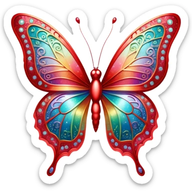 Pastel sparkly red glittery iridescent rainbow transparent butterfly with detailed intricate patterns sticker