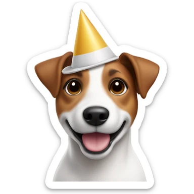 3D dog Jack Russell with white and brown coloring. Like Memoji on iphone. And with a Happy birthday hat sticker