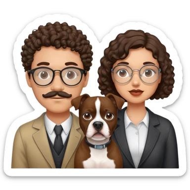 young couple curly hair brunette man w wire glasses and mustache and brunette girl with bob and a brown pitbull boston terrier  sticker
