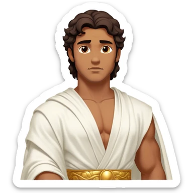 Cinematic Realistic Hercules Portrait, depicted as a classical Greek hero inspired by the Disney version yet echoing the refined proportions and serene dignity of Michelangelo's David. His idealized, sun-kissed bronze skin glows with timeless strength, and his thick, wavy dark hair falls in natural, sculpted curls. Draped in a flowing white robe with delicate golden accents, his expressive eyes radiate determined nobility, all rendered under dynamic natural lighting with a mythic, radiant glow. sticker