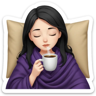 pale raven haired girl inside a blanket sipping coffee eyes closed sticker
