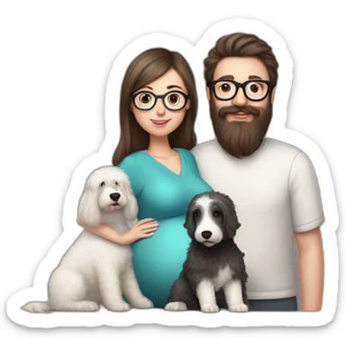 Hyperrealist pregnant girl with half long brown hair with glasses, a boy with long beard, glasses and short hair and english sheepdog sticker