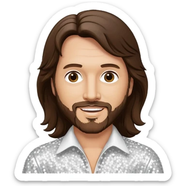 Barry Gibb from Bee Gees with long dark brown hair, white sequin outfit  sticker