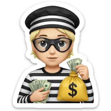 Realistic ios emoji-style portrait of a classic burglar, a black eye mask and a black-and-white striped shirt. emoji-like hair, black hat, a bag of money 💰 with a dollar sign in a right corner, mean expression  sticker