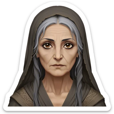 Mirri Maz Duur is a weathered, age 60 Lhazareen woman with deep-set dark eyes, high cheekbones, and a sharp nose, giving her a stern, knowing expression. Her long, unkempt dark hair streaked with gray falls loosely over her shoulders, and her earth-toned, tattered robes mark her as a humble healer. Despite her frail appearance, she exudes an aura of mystery and menace, her hands stained with herbs and blood from both healing and dark sorcery. sticker