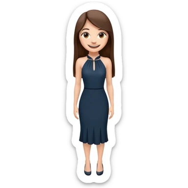 emoji-style illustration of a stylish pretty big smile woman with long straight brown hair, wearing a dark halter neck dress, elegant and minimalistic look, front-facing, soft 3D cartoon rendering, plain background sticker