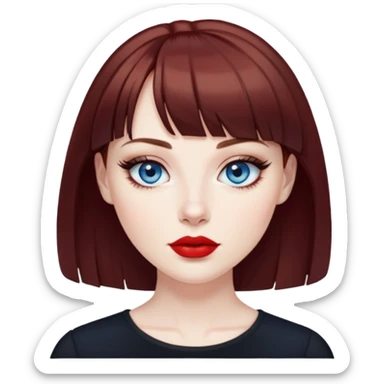 Woman in her early 50s with pale skin, wider face, blue eyes with eyeliner, thin eyebrows, red lipstick, dark auburn hair with bangs, wearing a black top sticker