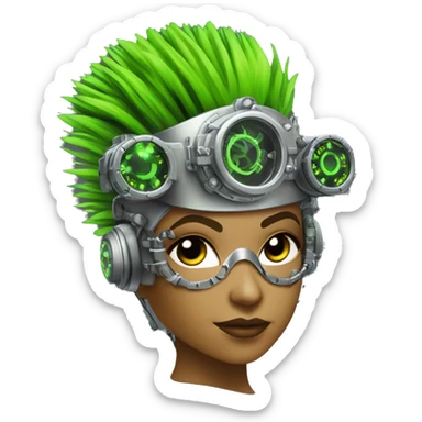 Neon green Mohawk hair Latina female cyborg head with silver steampunk goggles and circuits sticker