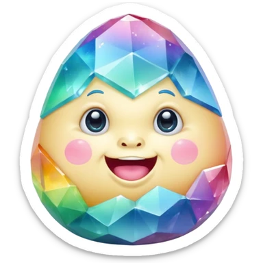 A single pastel rainbow crystal baby rock character, chubby and heavy with a chunky, irregular polygon shape, not egg-shaped, covered in faceted crystal planes and small chips, big glossy rainbow eyes and a small smiling mout sticker