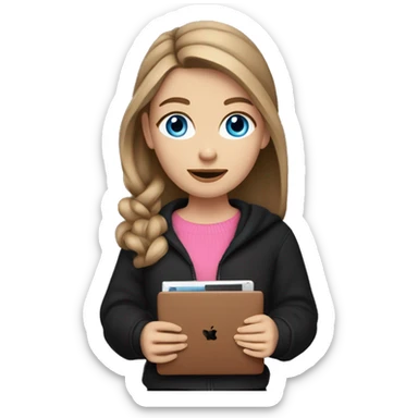 caucasian white IT girl student, holding pink laptop, blue eyes, brown hair ponytail wearing a thick black sweater sticker