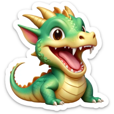 Cinematic Cute Yawning Dragon Portrait Emoji, Head tilted slightly with a dramatic, wide-open yawn, showcasing a soft, lustrous scaled body with gently drooping fins and half-closed, drowsy eyes, Simplified yet irresistibly adorable features, highly detailed, glowing with a soft, cozy mythical glow, high shine, relaxed yet expressive, stylized with a dash of fantastical charm, soft glowing outline, capturing the essence of a sleepy yet affectionate dragon that seems ready to stretch out and rest in its enchanted lair! sticker
