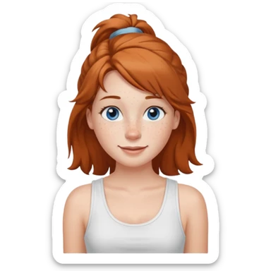 Una chica de tez blanca con pecas, nariz respingada, labios gruesos, ojos grandes color azul grisáceo, pelo largo, lacio, color avellana. Con una blusa de tirantes blanca. Que este sonriendo y q solo se vea de la cintura hacía arriba sticker