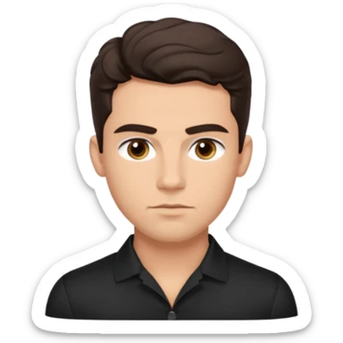 He’s a man with light to medium skin, a defined oval face, full brows, deep-set eyes, and wavy short dark brown tall hair styled with height, sides are trimmed. muscular. expression calm and focused relaxed black black button shirt open collar. polished, articulate, and coach vibe. tall hair tall  sticker