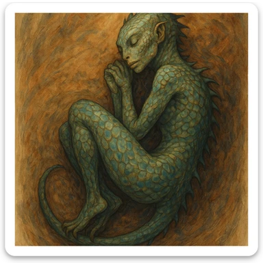 a Reptilian alien woman, full body, sleeping, unique artistic style, detailed, imaginative sticker