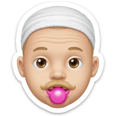 A grown man wearing a diaper with a pink pacifier in his mouth. sticker