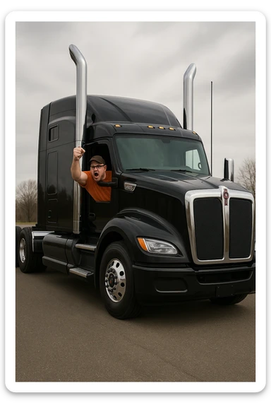 2026 Kenworth W680 black sleeper semi truck with tall chrome stacks, an angry bald man in an orange shirt, glasses, and baseball cap, arm pumping out the window sticker