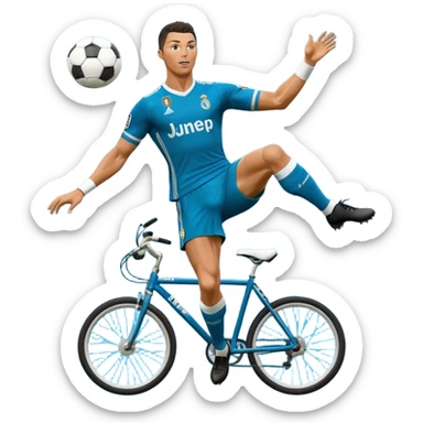 Ronaldo doing a bicycle kick with football in mid air While wearing a Retro blue Real madrid kit and yes i want it to be exactly the same as he Scored it in 2018 vs Juventus  sticker