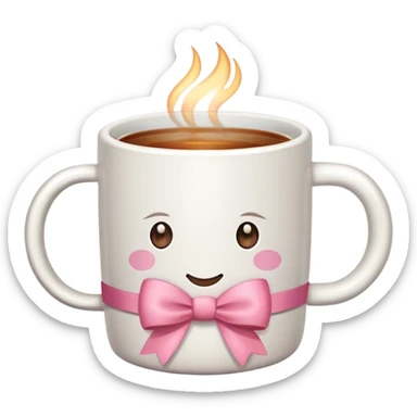 A white mug with a pink bow that contains tea sticker