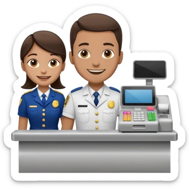 Supermarket employee at a cash register, full body, serving a man sticker