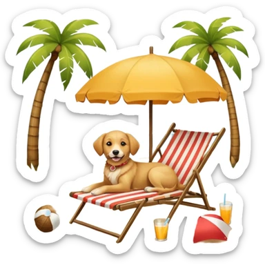 a dog laied on a beach chair, a sunny beach, a sun umbrella, and beach coconut trees. the icon should capture the essence of a relaxing beach vacation with a carefree atmosphere sticker