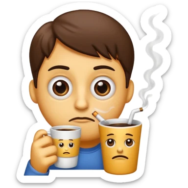 Create an emoji that is tired of life with big eye bags and annoyed. He needs to have a coffee and a used cigarette next to him or his hands  sticker