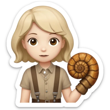 Shelly has a small, chibi-style body with a large ammonite-shaped head that looks like a beige fossil shell. One side of her head has a dark opening, making it clear she isn’t human. Her face is simple and soft, with big round eyes. She wears a brown suspender outfit over a lighter shirt sticker