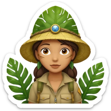 a young female explorer with jungle wearing a large leaf headgear bye and magnificer  sticker