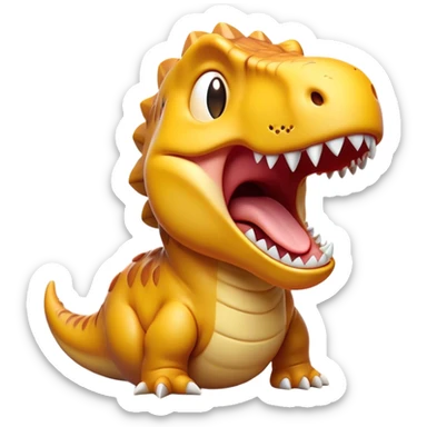 Cinematic Cute Yawning T-rex Portrait Emoji, Head tilted slightly with a dramatic, wide-open yawn, showcasing a robust, muscular form with a slightly open mouth revealing powerful jaws and sleepy, half-closed eyes, Simplified yet irresistibly adorable features, highly detailed, glowing with a soft, cozy prehistoric glow, high shine, relaxed yet expressive, stylized with a hint of whimsical ancient ease, soft glowing outline, capturing the essence of a drowsy yet affectionate T-rex that appears ready to stretch and yawn its way out of the screen! sticker