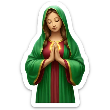 Virgin Mary: kind face looking down at the left, long brown hair, Wearing an emerald green  robe with gold stars and a burgundy red dress,  Hands in prayer or blessing. Halo around her head. standing in front of a big sun. colorful roses on the sides  sticker