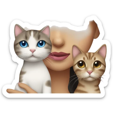 woman with long dark hair, pink lips,and blue eyes holding a tabby cat sticker