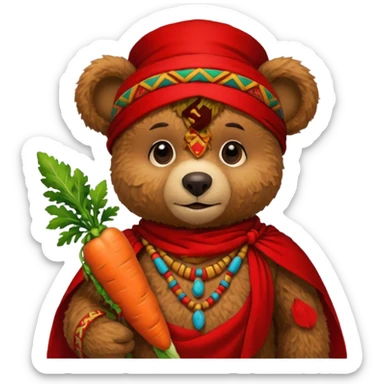 teddy bear Upper eat carrot , wearing red mayan ancient custome, half body sticker