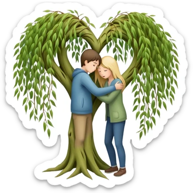 heart-shaped weeping willow tree with two people inside giving each other a comforting, caring, supportive hug, not romantic, with a small heart above them sticker