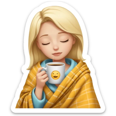 blonde girl wrapped in a blanket, sipping coffee, eyes closed, peaceful emoji style sticker