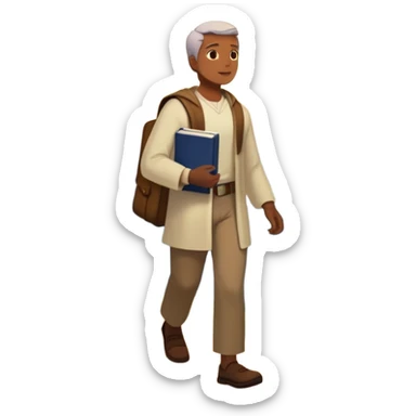 A man walks from darkness and inner conflict toward a glowing light in his chest, guided by intuition. Along the path, he passes through ambition and emptiness, then reaches a radiant mountaintop where healing transforms him into a fulfilled guide, holding a book and offering his hand to others. sticker