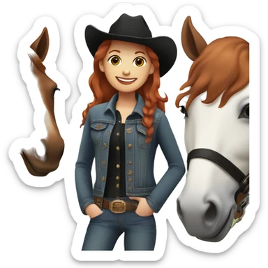 Girl with short red hair, with brown eyes, smiling, wearing a denim jacket and black shirt and brown cowgirl hat, next to her brown horse that has a white spot on her forehead. sticker