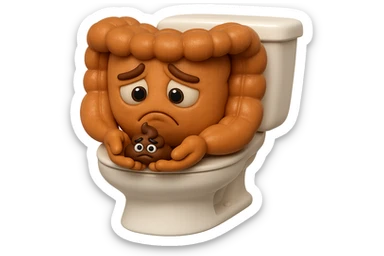 emoji stile iphone di un intestino realistico 3d che esce dal wc con in mano una montagnetta di feci con espressione triste a palline, iperrealistico 4k sticker