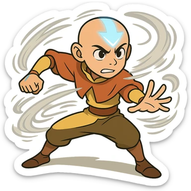 Avatar Aang, dynamic action pose, blue arrow glowing, swirling air, determined look sticker