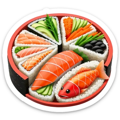 single round sushi maki cross-section, rice ring and colorful center sticker