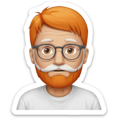 old man, orange hair, white beard, wearing glasses, long face, wearing a white t-shirt sticker
