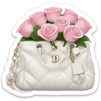 white dior bag with pink roses bouquet sticker